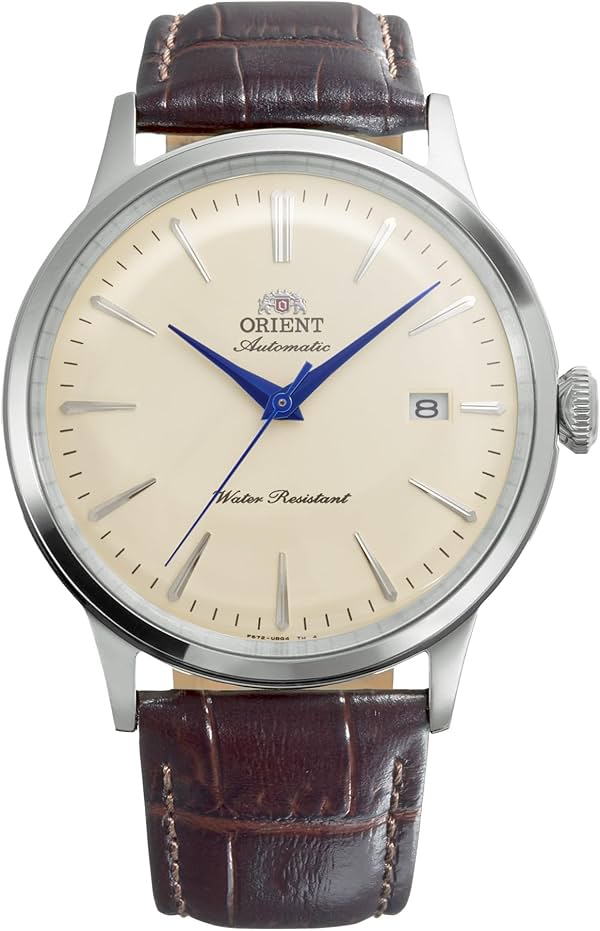 Orient Bambino RA-AC0033Y30B Reloj de Vestir Mecánico Automático para Hombre de 40.5 mm – Esfera Marfil, Caja de Acero Inoxidable, Correa de Cuero Marrón, Cristal Mineral Abovedado y Visualización de Fecha