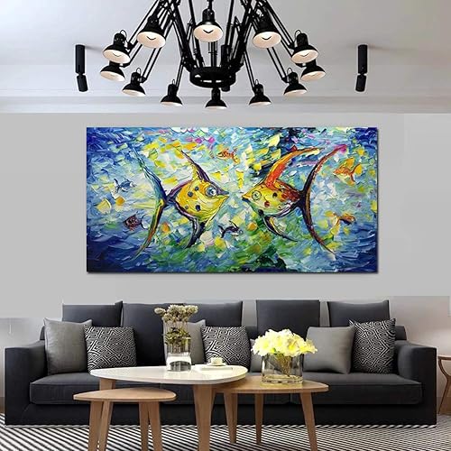 Miniatura 6 de Yotree Pinturas de 24 x 48 pulgadas, peces besando, estilo moderno y simple, arte abstracto, lienzo abstracto 3D, paisaje pintado a mano, obra de