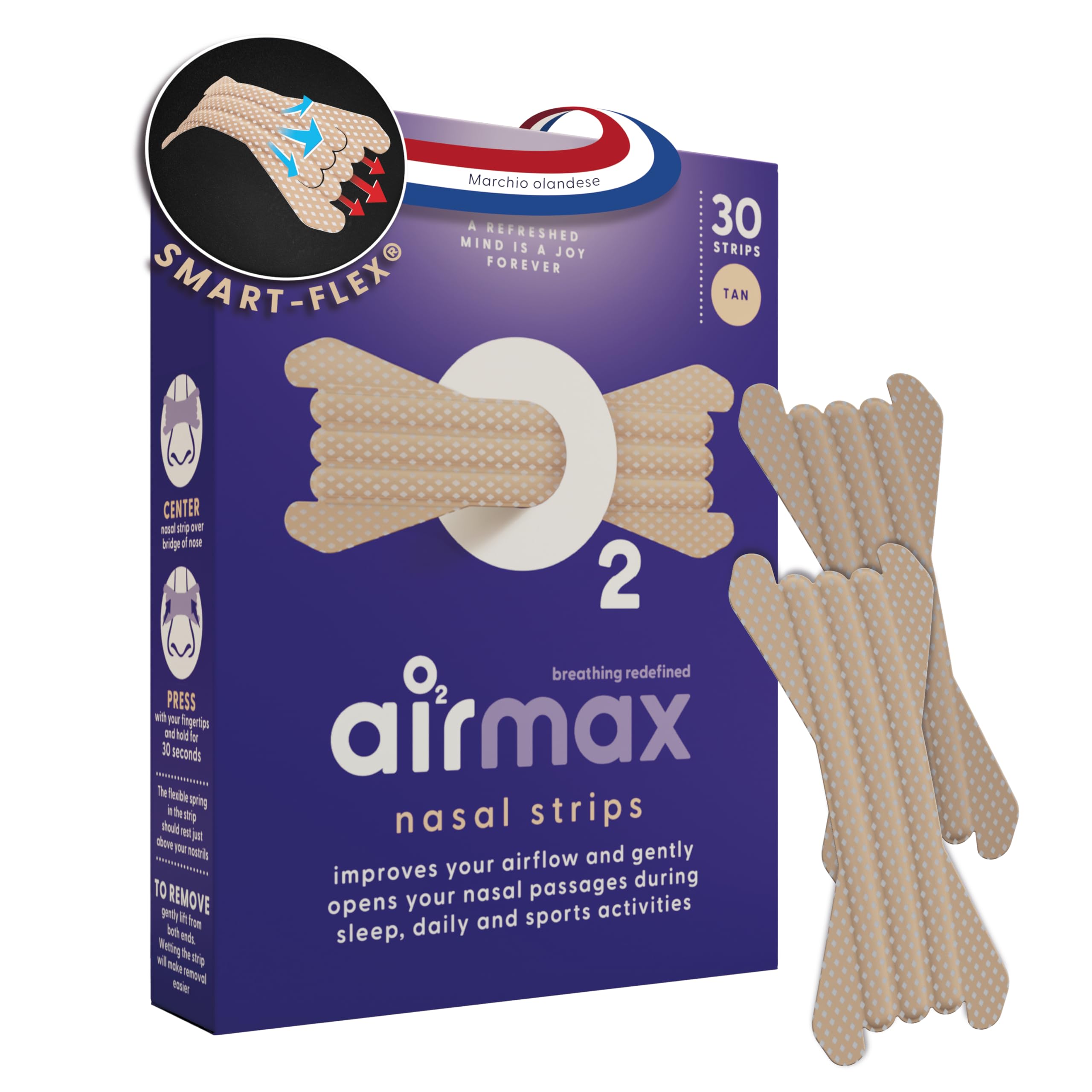 Air Max cerotti nasali - 30 pezzi Tan extra resistenti - Dormire meglio, anti russamento, allevia la congestione nasale e l'uso sport - Funziona all'istante - Aumentare il flusso d'aria