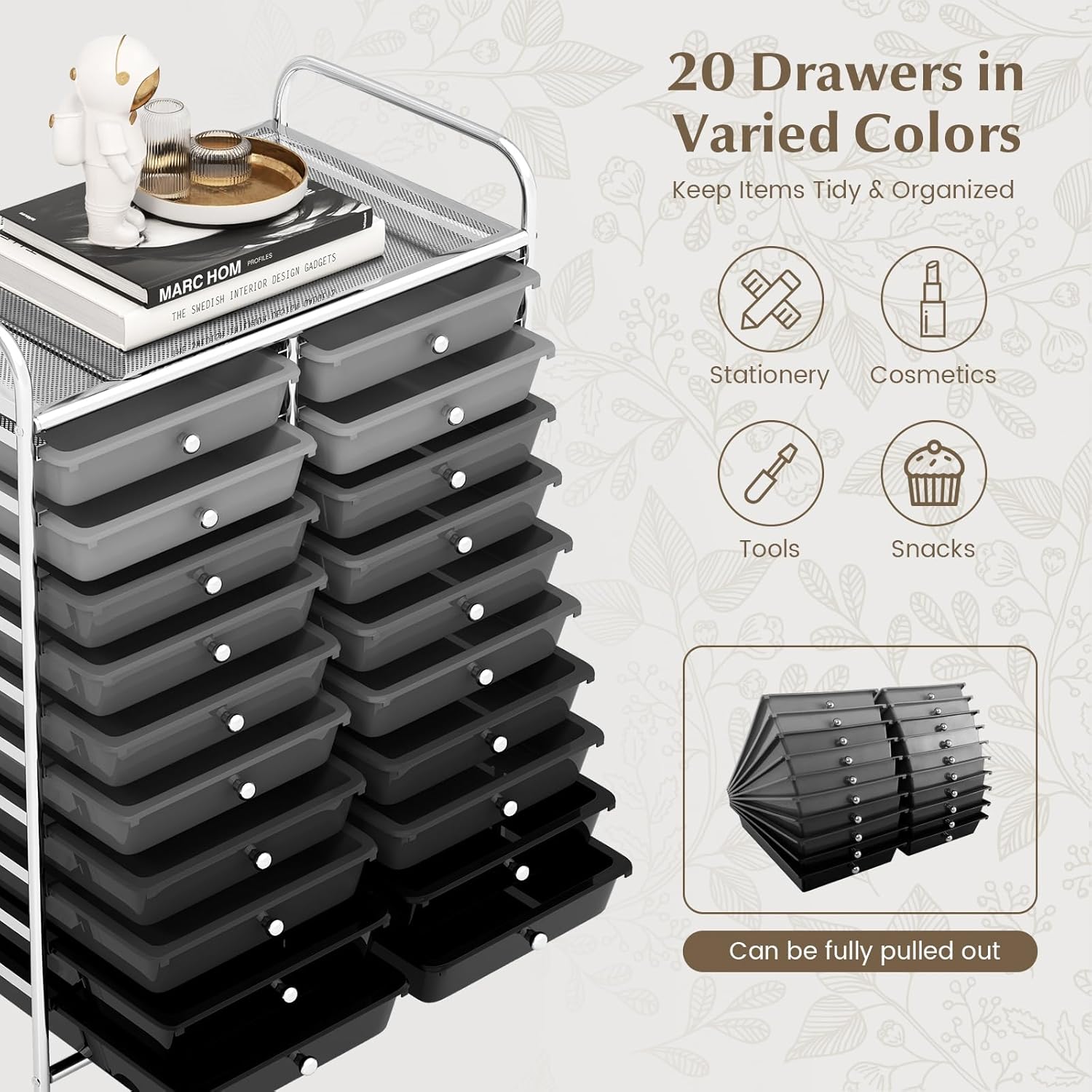 LDAILY 20-Drawer Rolling Storage Cart, Rolling Storage Cart, Storage Organizer on Wheels, Metal Frame, Scrapbook Paper Tools, Suitable for Office School, Classroom
