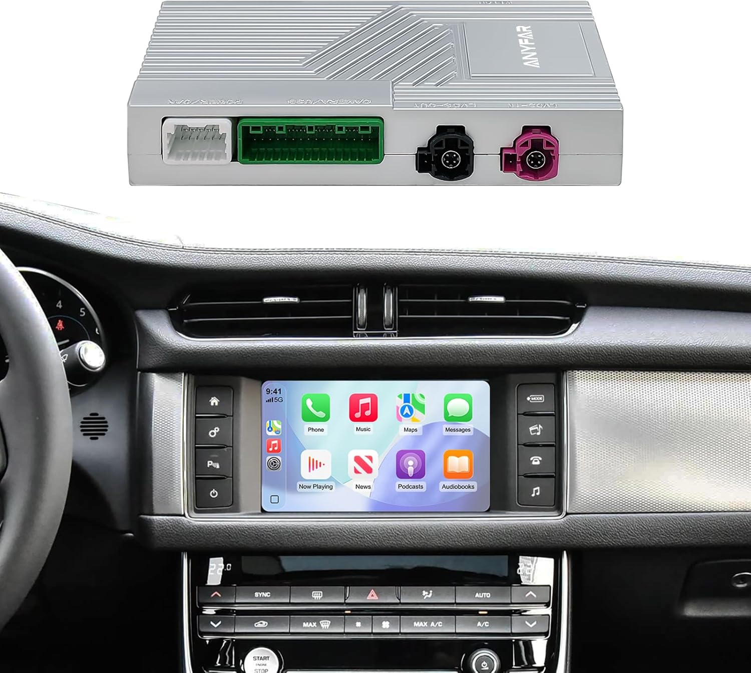 Image of the ANYFAR decoder unit with its various ports and a car dashboard showing CarPlay on the screen.