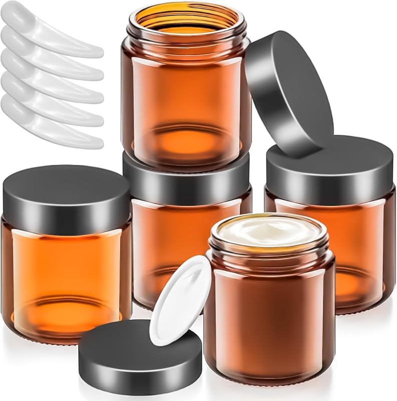 MotBach Pacote com 5 frascos redondos de vidro âmbar de 120 mL com tampas pretas e espátulas