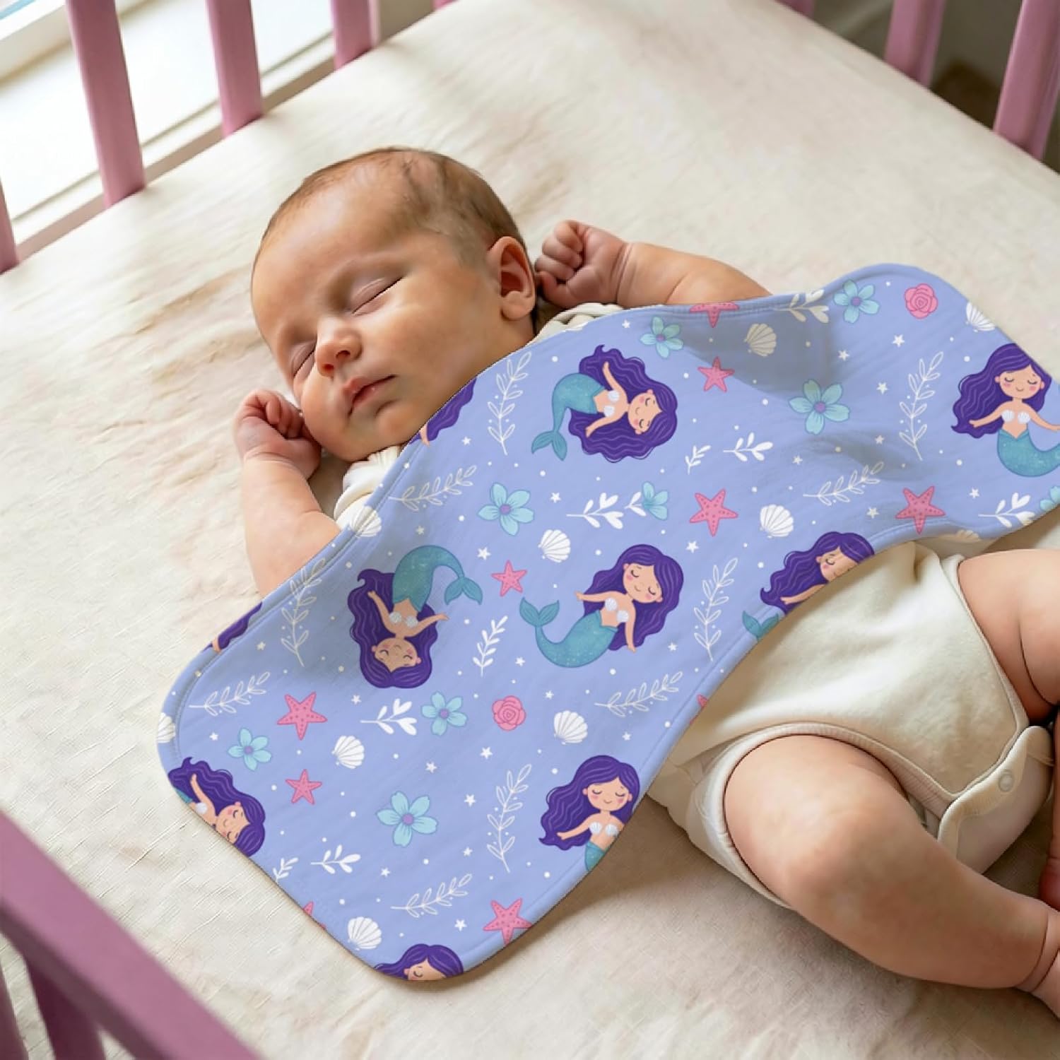 5Pack Baby Burp Cloths for Baby Girl Ocean Theme Cute Mermaid Design Organic Cotton Burping Cloth Ultra Absorbent Contoured Spit Up Cloths Soft Feeding Towels for Newborn Baby Shower Essentials Gifts