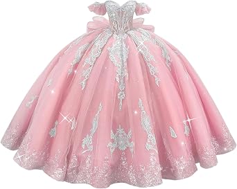 Mouccy Glitter White Appliques Quinceanera Dresses with Big Bow Lace Tulle Sweet 16 Dresses Puffy Off Shoulder Ball Gowns