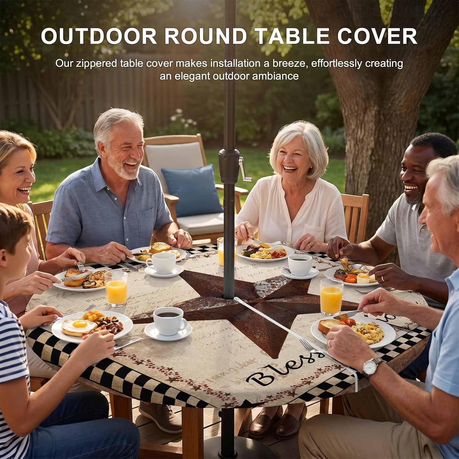 Western Star Brown Waterproof Outdoor Tablecloth with Umbrella Hole and Zipper,Round Fitted Table Covers with Elastic,Texas Stars Retro Farmhouse Buffalo Plaid Patio Table Cloth Fits 45"-54" Tables image 5