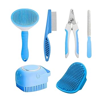 PET FUN 5-in-1 Pet Grooming Tool Combo | Flea Comb, Auto Slicker, Nail Cutter, Shampoo Brush & Palm Glove | All-in-One Grooming Kit for Dogs & Cats | Bathing, Shedding & Nail Trimming (Multicolor) - image, photos