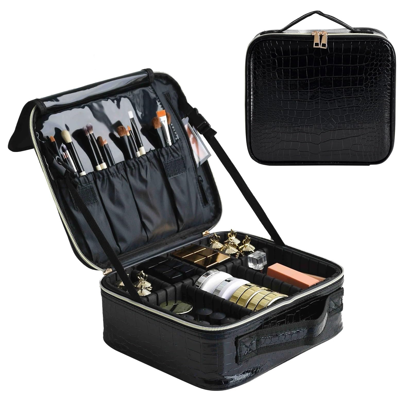 Neceser de Viaje para Mujer Bolsa de cosméticos Cuero PU for Mujer, Estuche Maquillaje portátil Multifuncional for Almacenamiento Viaje(Crocodile Black)