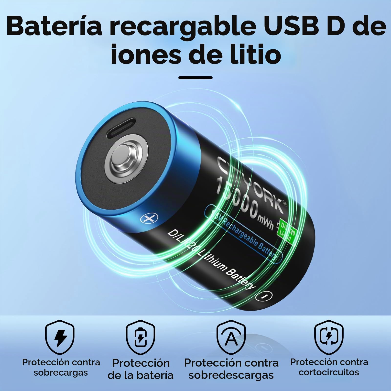CITYORK Batería recargable USB D de 15000 mWh, 1,5 V, con cable de carga USB-C (8 unidades), batería recargable USB D de iones de litio, celdas mono D LR20, más de 1000 ciclos y reciclable – sin