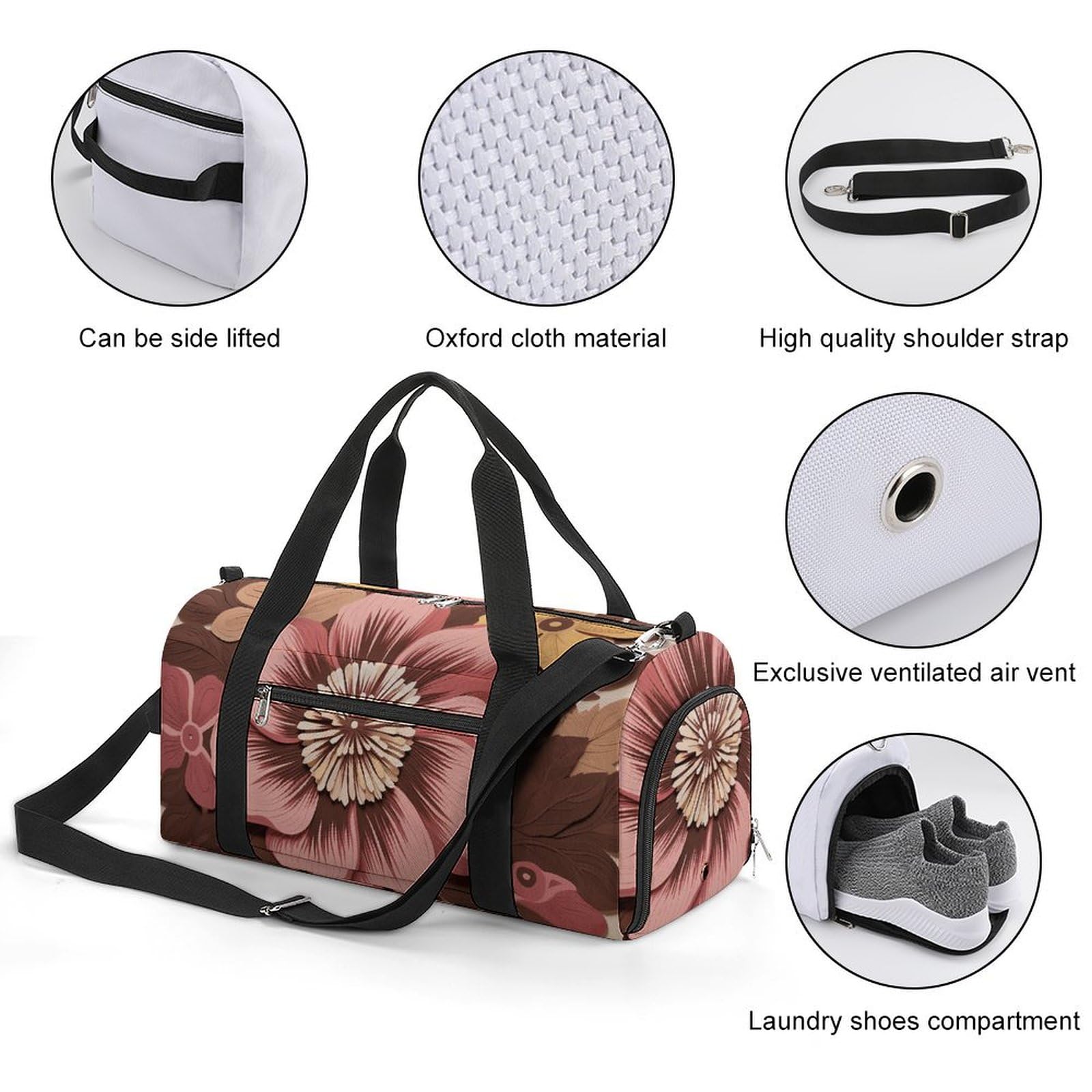 Sporttasche für Damen und Herren, mit Schuh- und Nassfach, Reisetasche, Braun, Blumenmuster, Wochenendtasche, Handgepäcktasche für Schwimmen, Fitness, Workout, Sport, Dufflebag, Stil 3, Einheitsgröße,