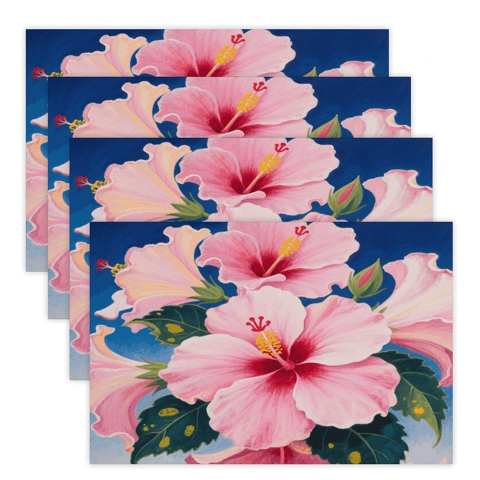 Blooming Hibiscus Placemats Heat Resistant Non-Slip Place Mats Washable Wipeable Table Mat Kitchen Dining Table Decoration Placemats Indoor Outdoor Place Mats 17.7’’×11.8’’