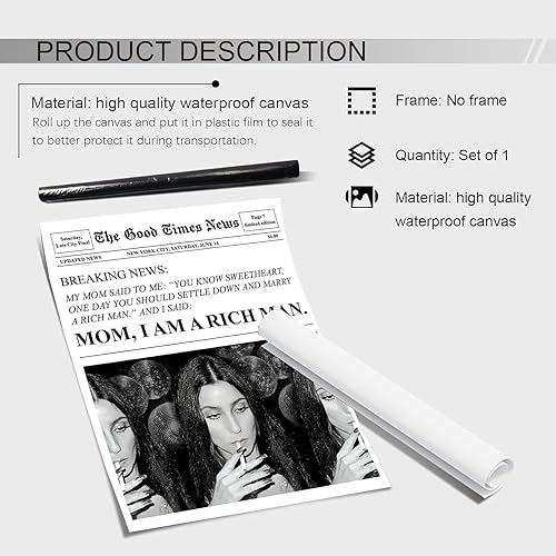 Miniatura 2 de Impresión de periódicos de moda en blanco y negro para mujer, mamá soy un hombre rico, póster de cita de Cher, carrito de bar retro, arte de pared