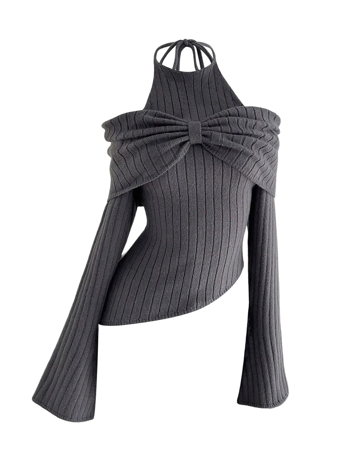 Floerns Womens Bell Sleeve Knit Fall Sweater Ruched Halter Neck Winter Going Out Tops