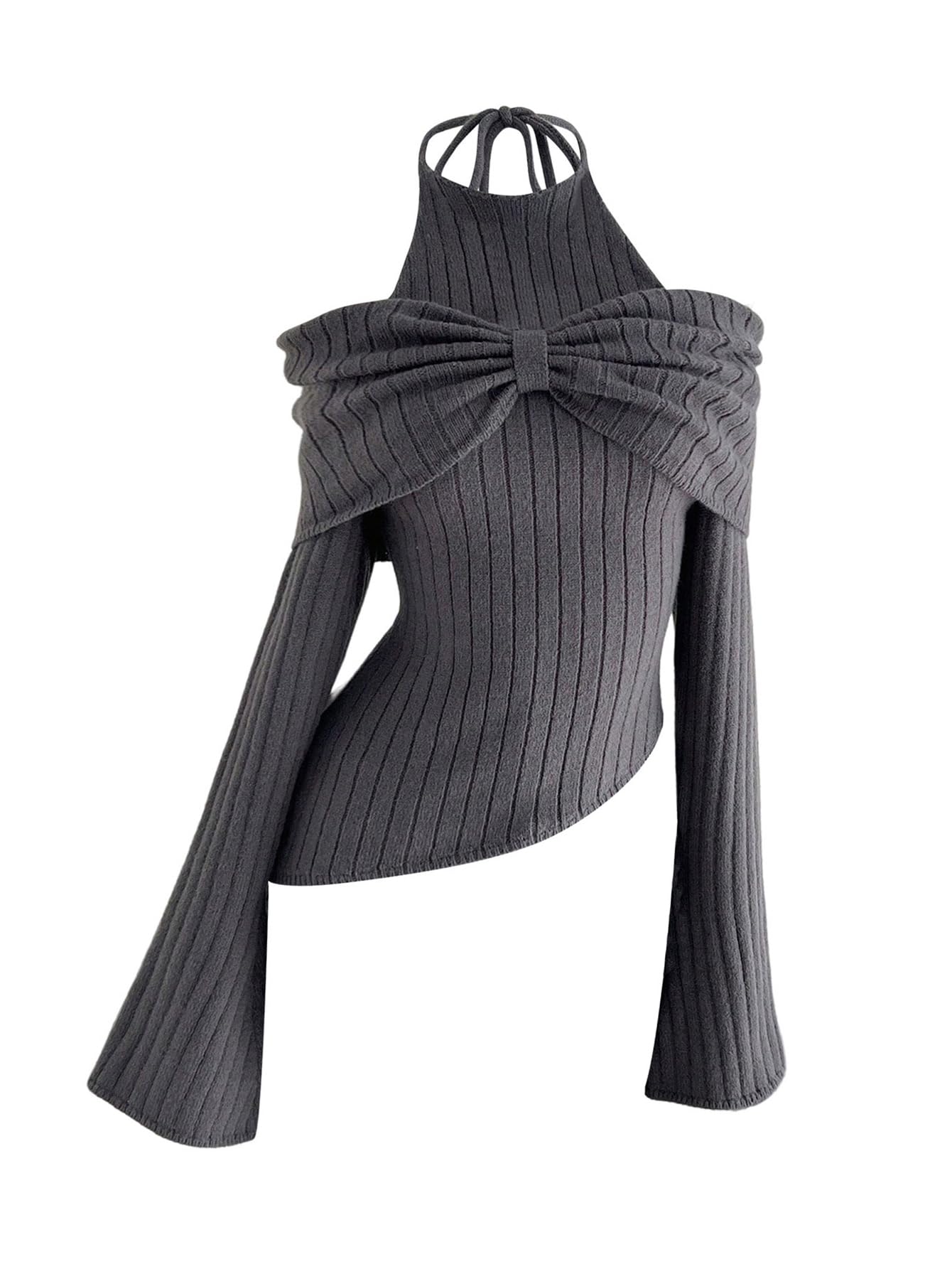 Floerns Womens Bell Sleeve Knit Fall Sweater Ruched Halter Neck Winter Going Out Tops