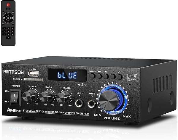 Receptor y amplificador Bluetooth AK45 Pro, 2 canales RMS 50W x 2 (Pico 800W), amplificador de 2 canales con radio FM, entradas USB/SD, control remoto, amplificador de potencia inalámbrico para altavoces de cine en casa, karaoke, garaje