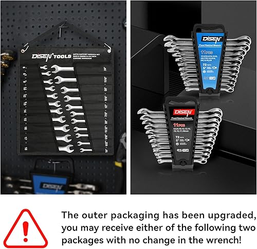 Miniatura 11 de DISEN Juego de 10 llaves de trinquete SAE y métricas con organizador de estante, acero CR-v premium, 12 puntos, 72 dientes, extremo de caja