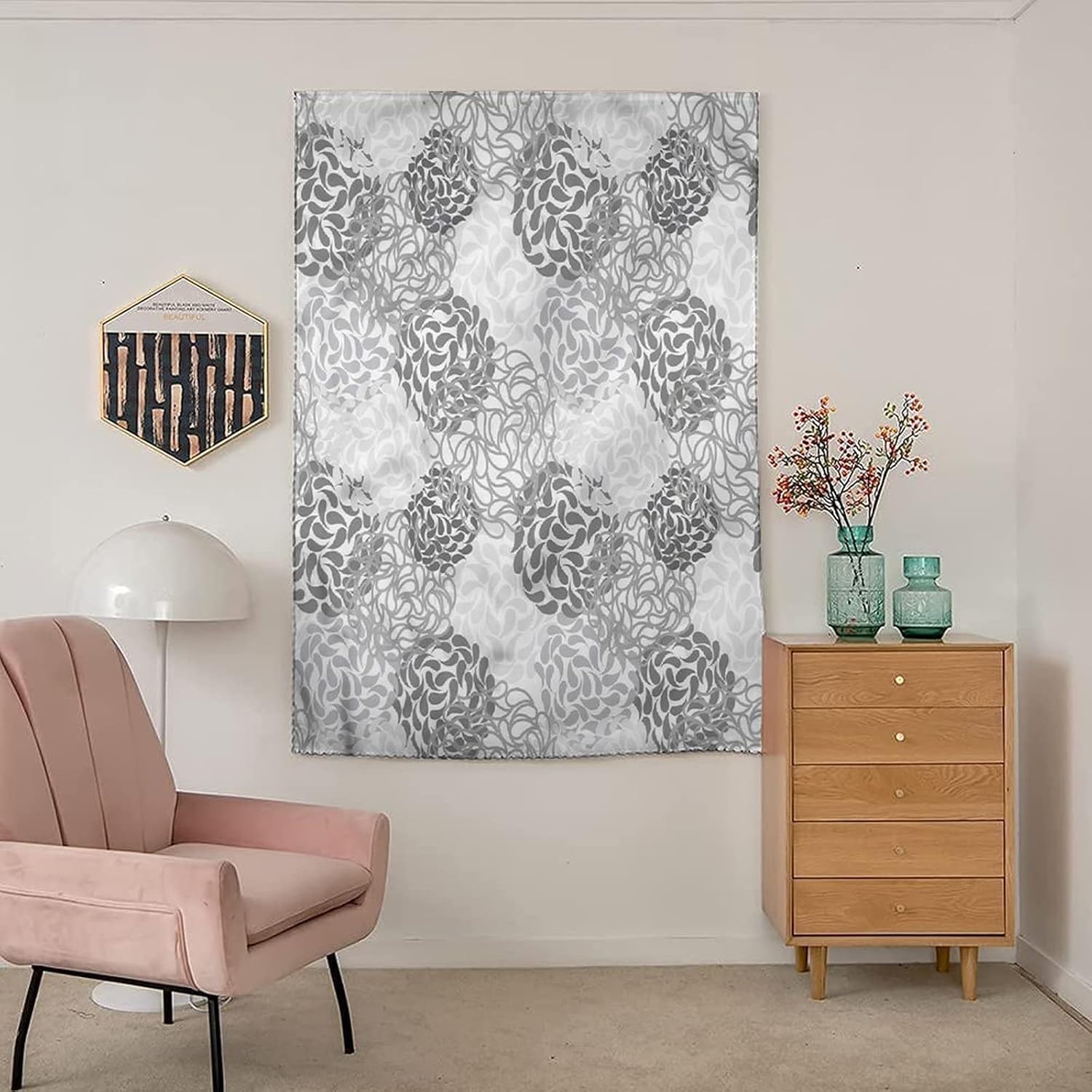 Self Adhesive Portable Blackout Curtains, Floral Room Darkening Curtains, Abstract Leaf Cluster Circle Print Temporary Blackout Blinds,59W x72L Inch, for Nursery,Children Kids Bedroom or Travel Use