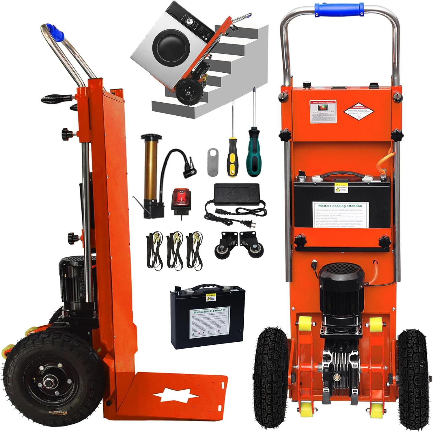 Electric Stair Climbing Dolly, Easy Up/Down with Solid Rubber Tires, 900lbs Capacity Heavy Duty, 1500W Electric Stair Climbing Hand Truck for Moving Logistics Distribution (Orange, 1 Battery)