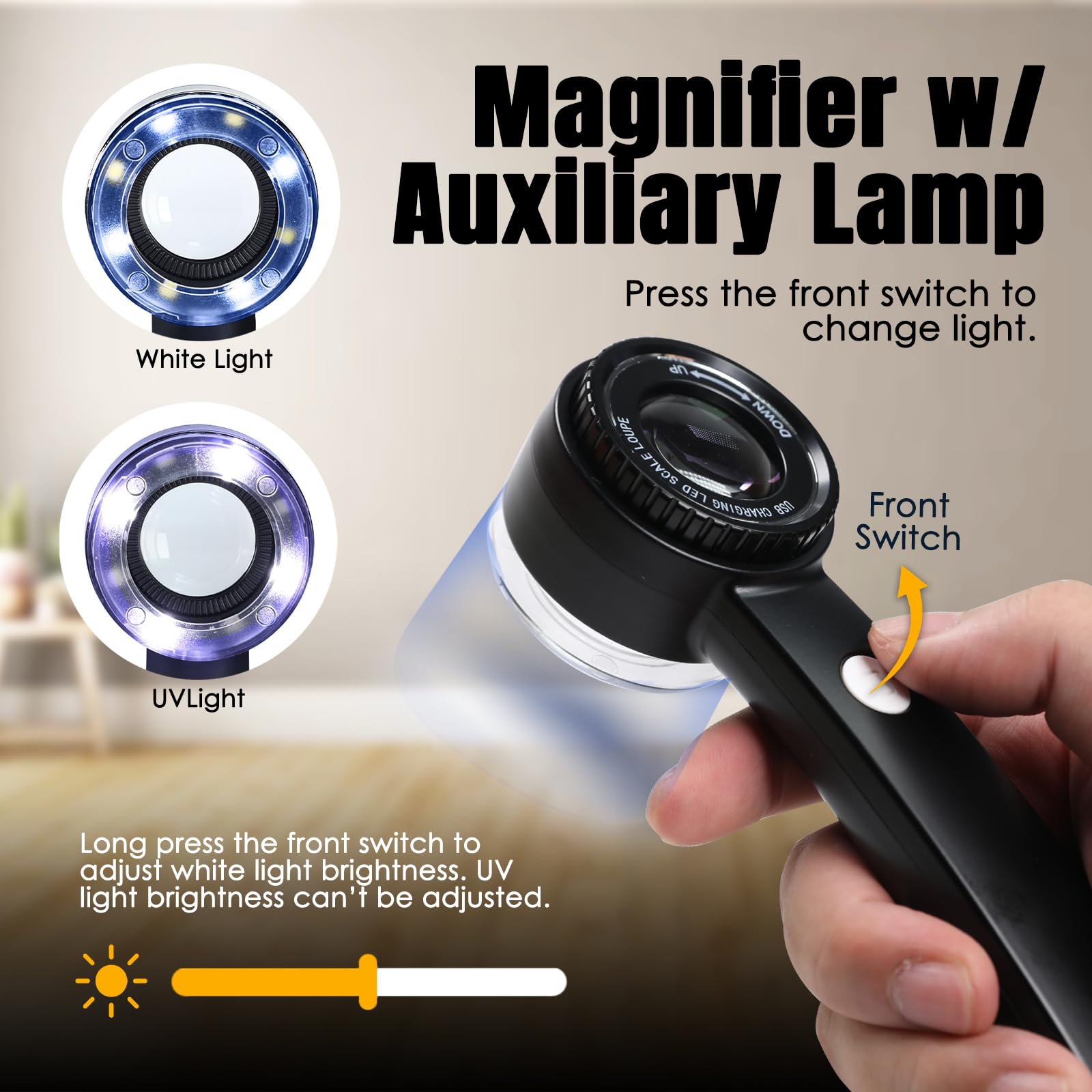 10-fache Lupe, wiederaufladbar, Handlupe mit LED-Licht, Skala, K9-Linse und 3 starken Lichtquellen, verstellbare Brennweite, Schmucklupe für Edelsteine, Münzen