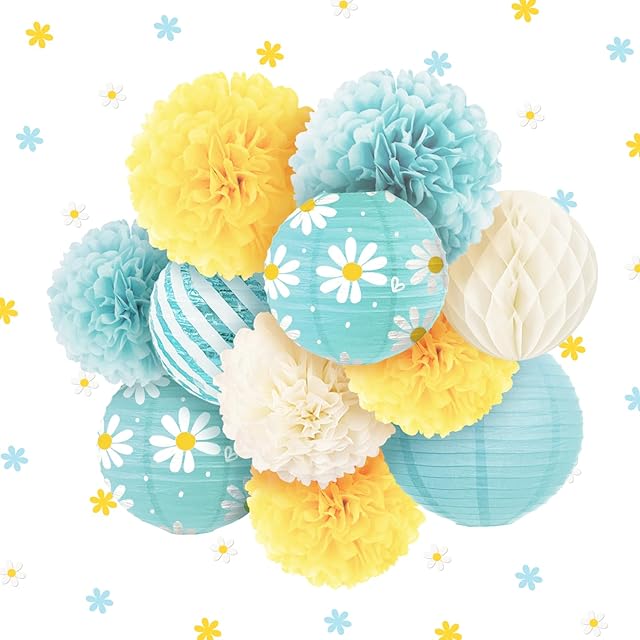 NICROLANDEE 12 sztuk żółtych i niebieskich pomponów z tkaniny w kształcie stokrotki na przyjęcie ogrodowe, ślub, baby shower, Wielkanoc, dekoracja pokoju dziecięcego