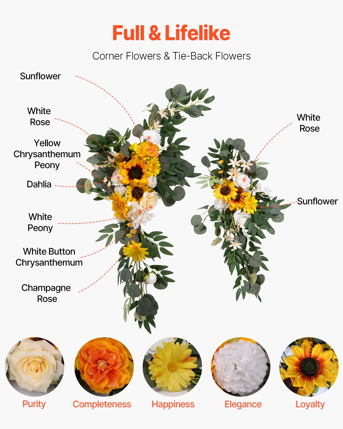 VEVOR Kit di Fiori Artificiali per Arco Nuziale, Fiori Bianchi per Arco Nuziale con Kit di Tende, 2 Pezzi Composizione Floreale, 1 Pezzo Tende Trasparenti, per Bouquet Cerimonia Sfondo Ricevimento