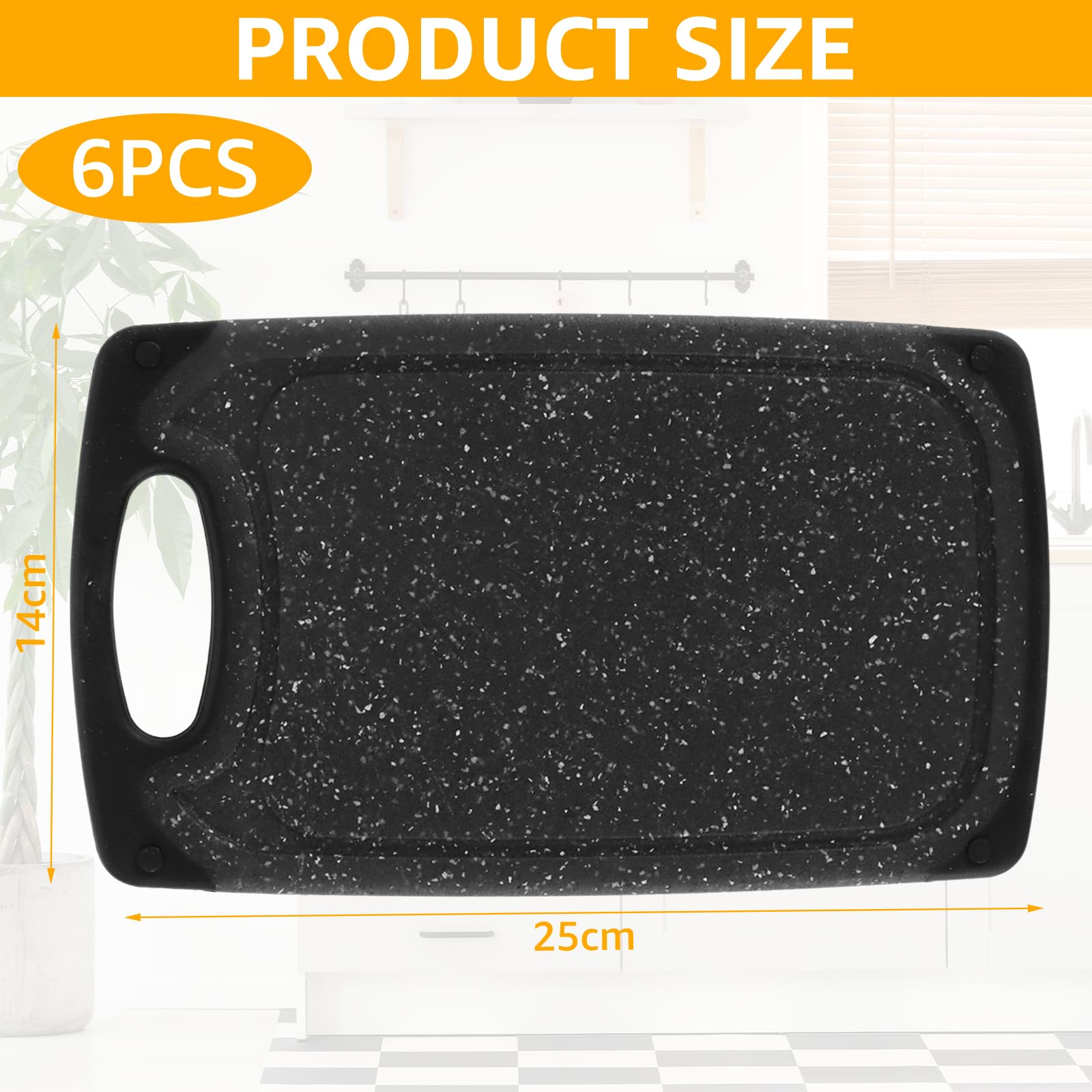 Frühstücksbrettchen Kunststoff 6er Set, 25x15cm Schneidebrett Kunststoff Schwarz, Frühstücksbrettchen Spülmaschinenfest, Rutschfest mit Saftrille und Griff, Brettchen Set Klein