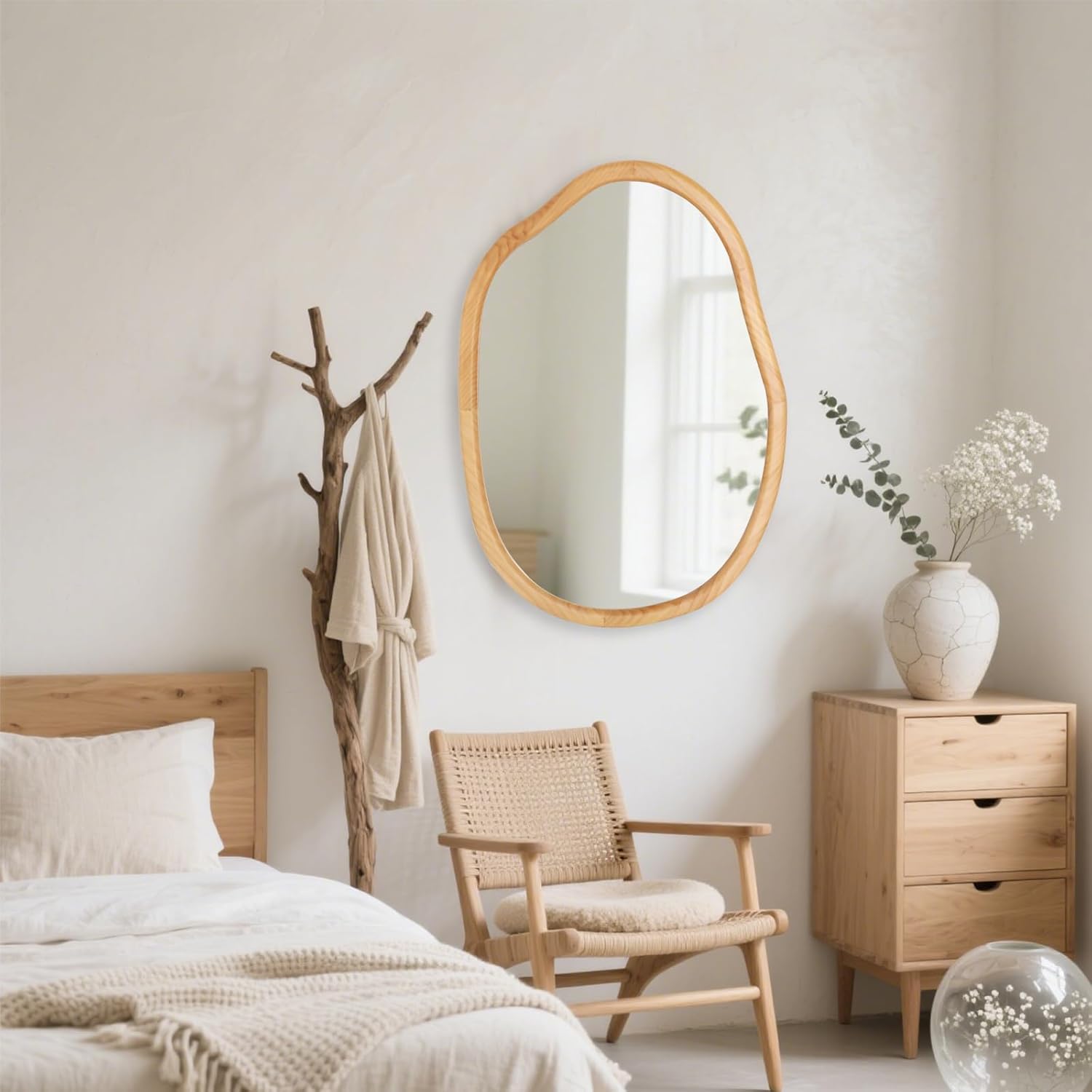 Irregular Wood Wall Mirror,22X32 Inch Asymmetrical Wavy Nature Decorative Farmhouse French Country Mirror for Bathroom, Living Room,Vanity, Nursery,Entryway