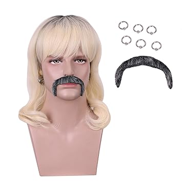 Yilys Blonde Curly Wig With 6 Earrings and Necklace and Mustache (6#)