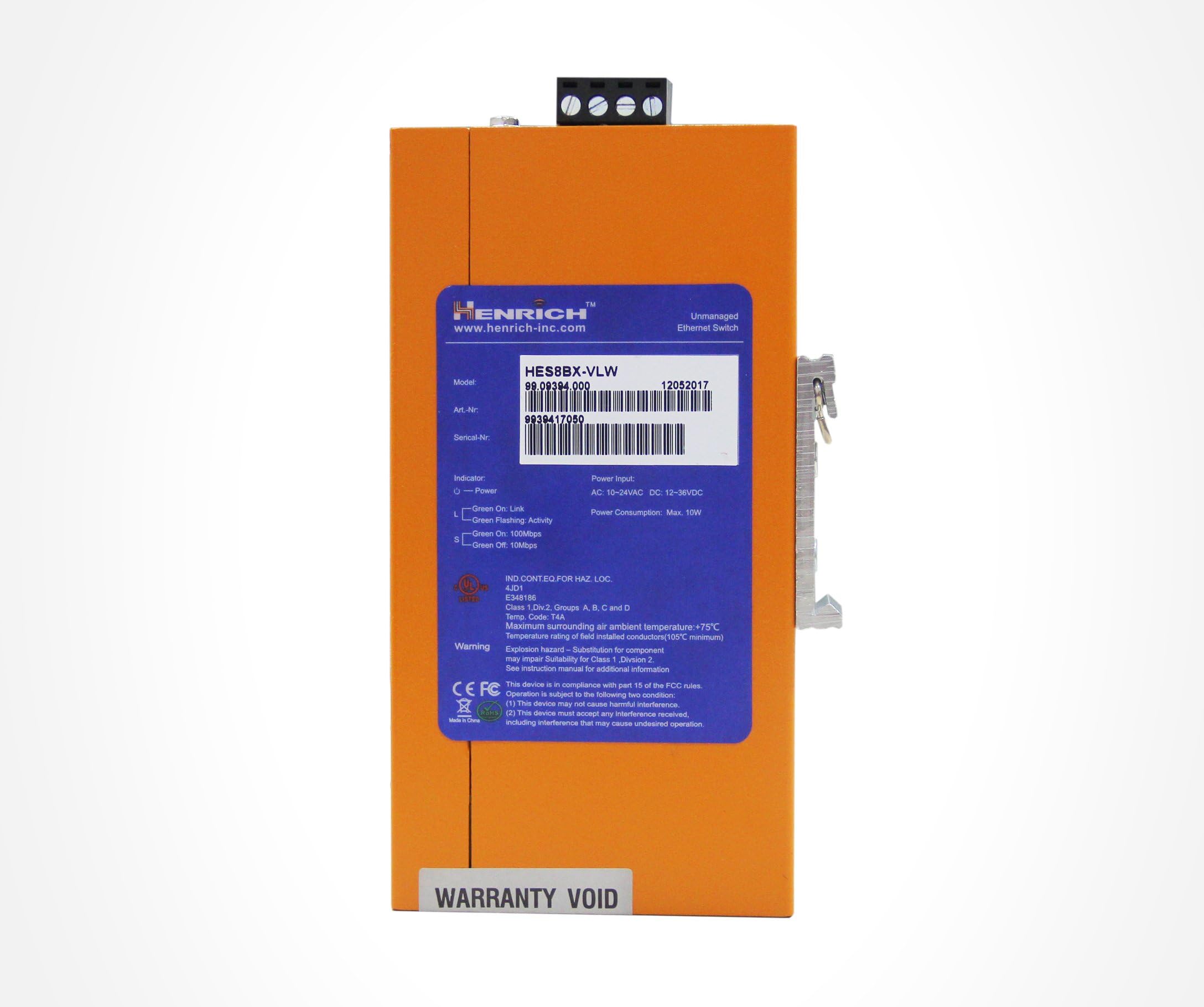 HES8BX-VLW-HENRICH 8 Copper Ports Industrial Ethernet Switch, Unmanaged, Wide Temperature (-40-75℃), Redundant Power Inputs, Class 1 Div 2 Certified - Worlds Smallest 8 Port Industrial Switch