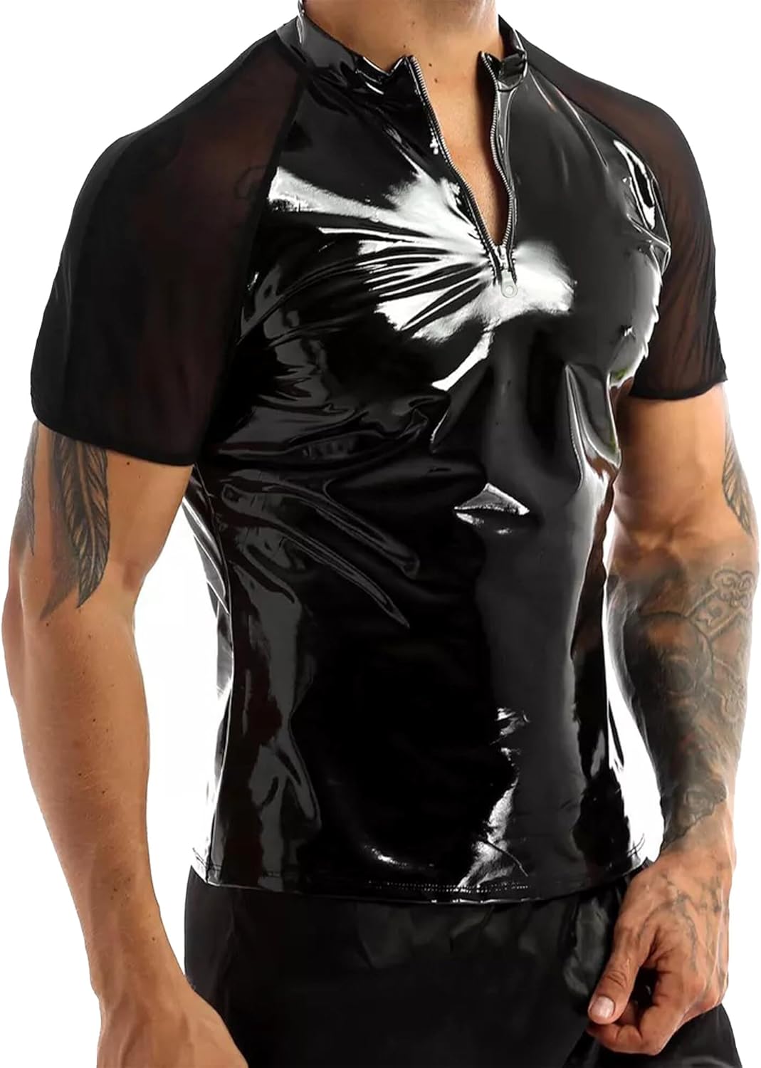 Panegy Men's Liquid Shiny Leather Shirt Jacket Slim Fit Wetlook Party Nightout Club 70s/80s Disco Blouse Tshirt