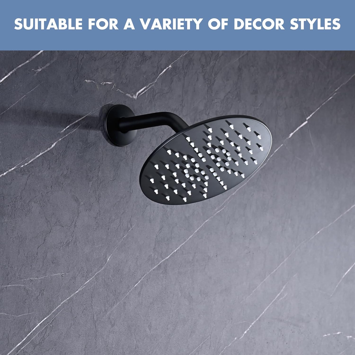 Rainfall Shower Head, Round Rain Shower Head Set - Ultra-Thin Design High Flow Stainless Steel Large Rain Shower Heads with Shower Arm and Flange (8-Inch, Matte Black) M-RSH-R-MB