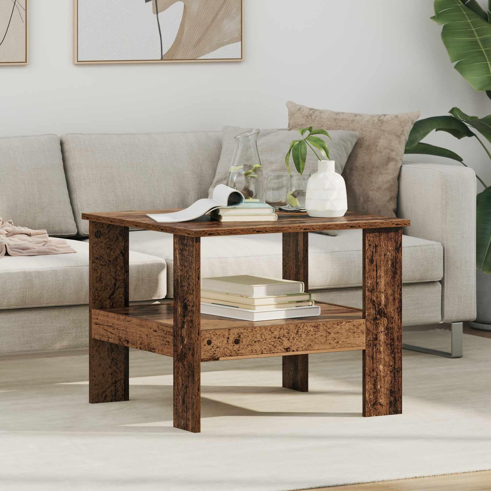 Tavolino da salotto in legno vecchio rettangolare 57 x 55 x 45 cm con ripiano contenitore, mobiletto moderno per soggiorno, salotto, ufficio, camera, angolo decorazione salvaspazio