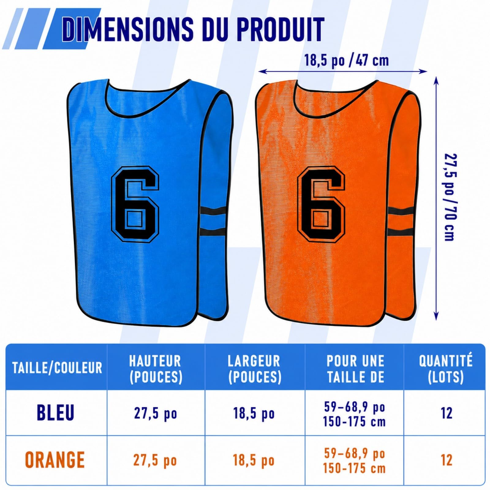 Lot de 12 Chasubles de Football Réversibles Numérotées pour Adultes – Gilets d’Entraînement Respirants pour Sports d’Équipe Foot Basket – Taille XL – Orange/Bleu