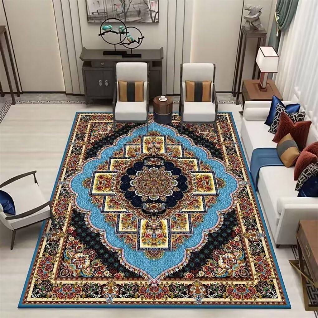 Tapis de salon bleu lavable et antidérapant pour protéger les sols usés
