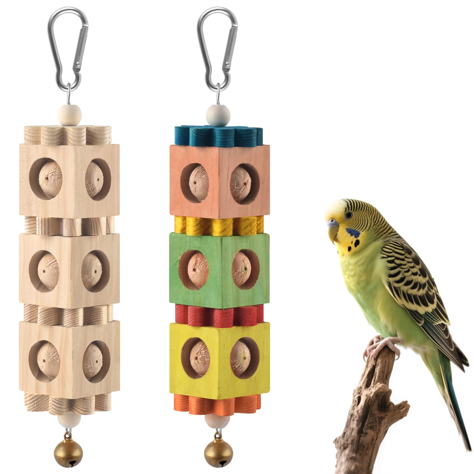 2Pcs Bird Chew Toys for Beak Grinding, Hanging Rotating Wood Block with Bell Parrot Foraging Enrichment Toy for Small to Medium Cocktiel, Conure, Caique