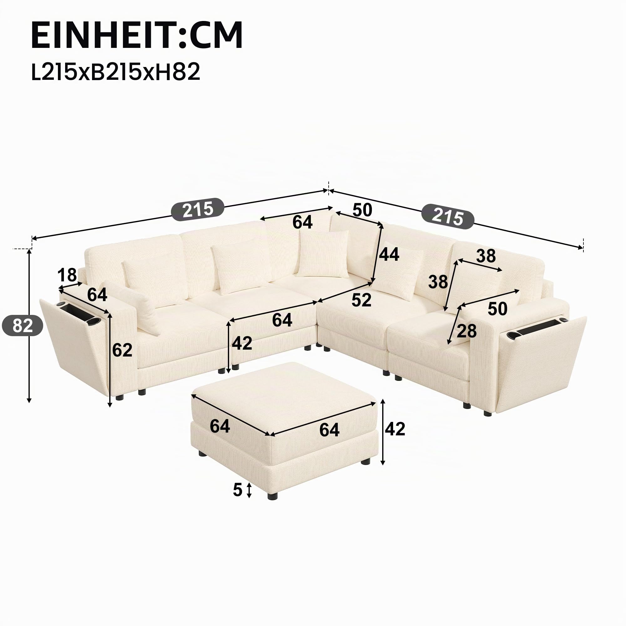 BTM Eckcouch L-Form mit Stauraum, Ladestation & Hocker, XXL Modulares Sofa Wohnzimmer Wohnlandschaft U-Form Beige