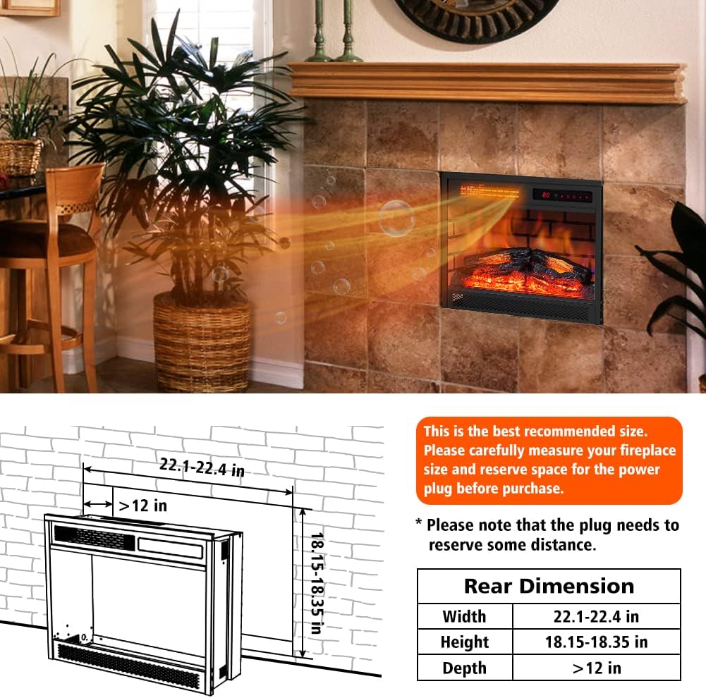Crazy Deals LIFEPLUS 22 Electric Fireplace Insert Infrared Quartz Recessed Heater with Remote Control 12h Timer with Log Flame Effect LED Display Adjustable Thermostat Overheat Protection for Office and Home