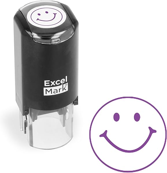 ExcelMark Smiley FACE - Self-Inking Round Teacher Stamp - Purple Ink