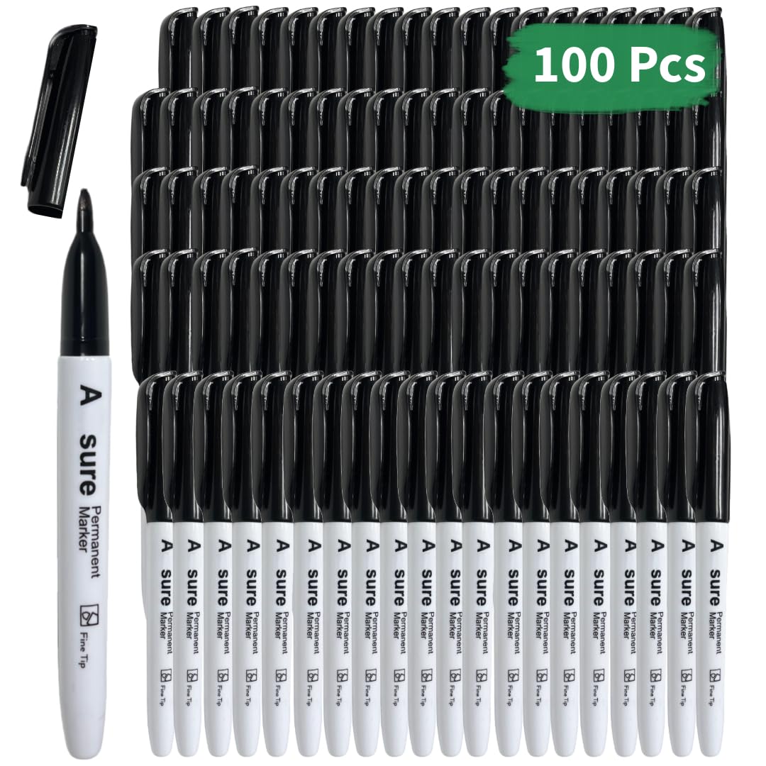 Paquete de 100 marcadores permanentes impermeables de fieltro negro, punta fina, resistente a la decoloración, escribe en plástico, metal, vidrio y piedra.