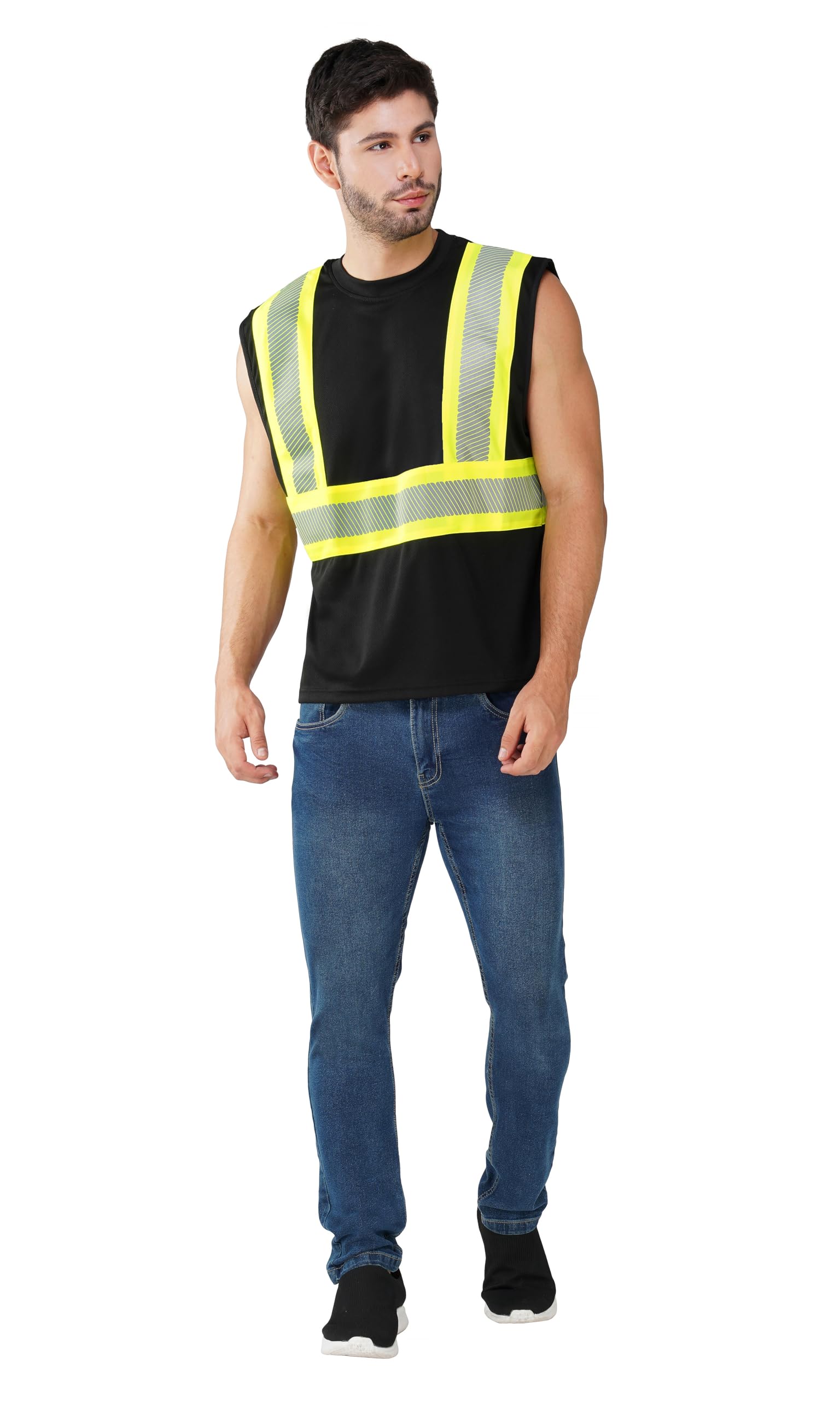 North 15 Men's Safety Orange Muscle Shirt - Double Reflective Safety Tank Top-6612-Blk-XL