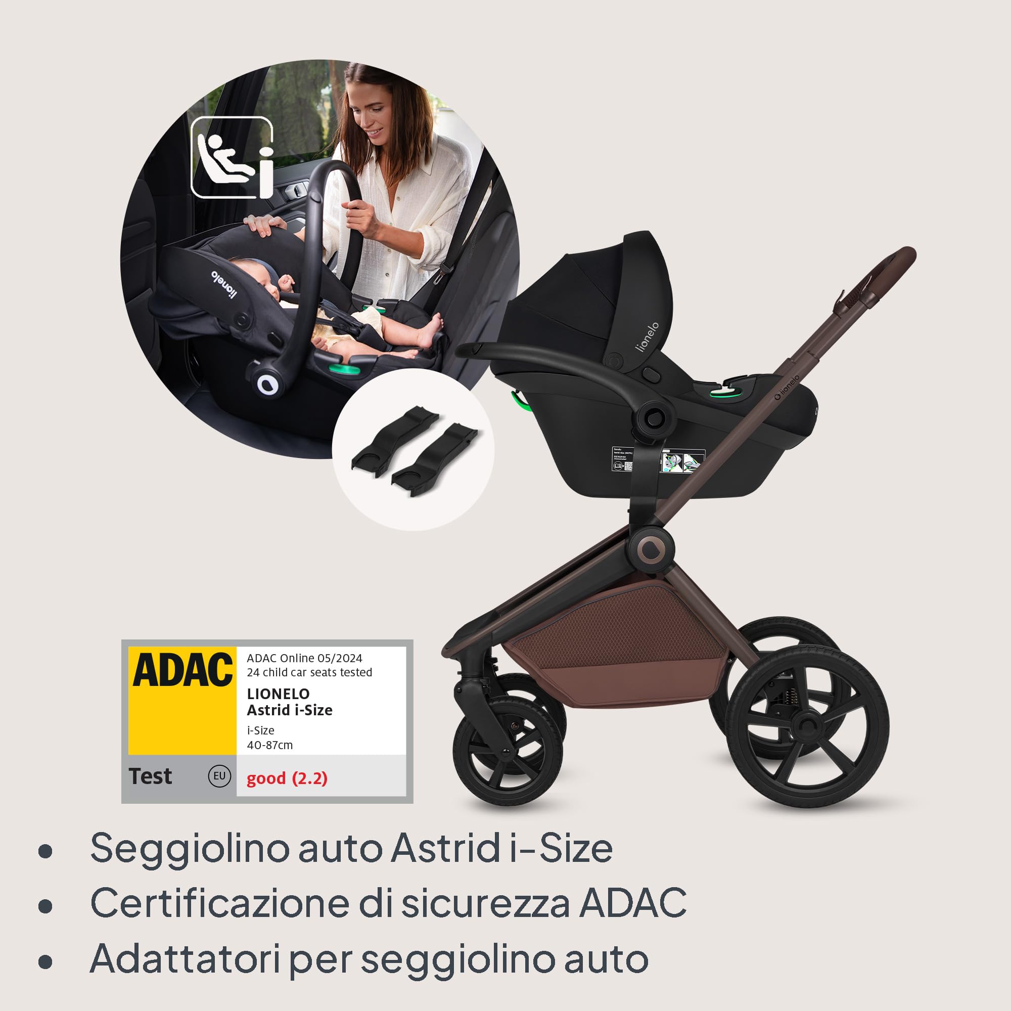 Lionelo Freya Trio Passeggino 3 in 1 per bambini 0-4 Anni/Fino a 22 kg | Navicella Pieghevole + Passeggino reversibile + Seggiolino Auto Ovetto I-Size 40-87 cm Sospensioni, Ruote PU, Capottina XXL