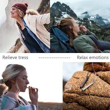 Calm Carry Portable Stainless Steel Whistle Necklace for Breathing Exercises, Meditation, Anxiety Gifts for Women (Black)