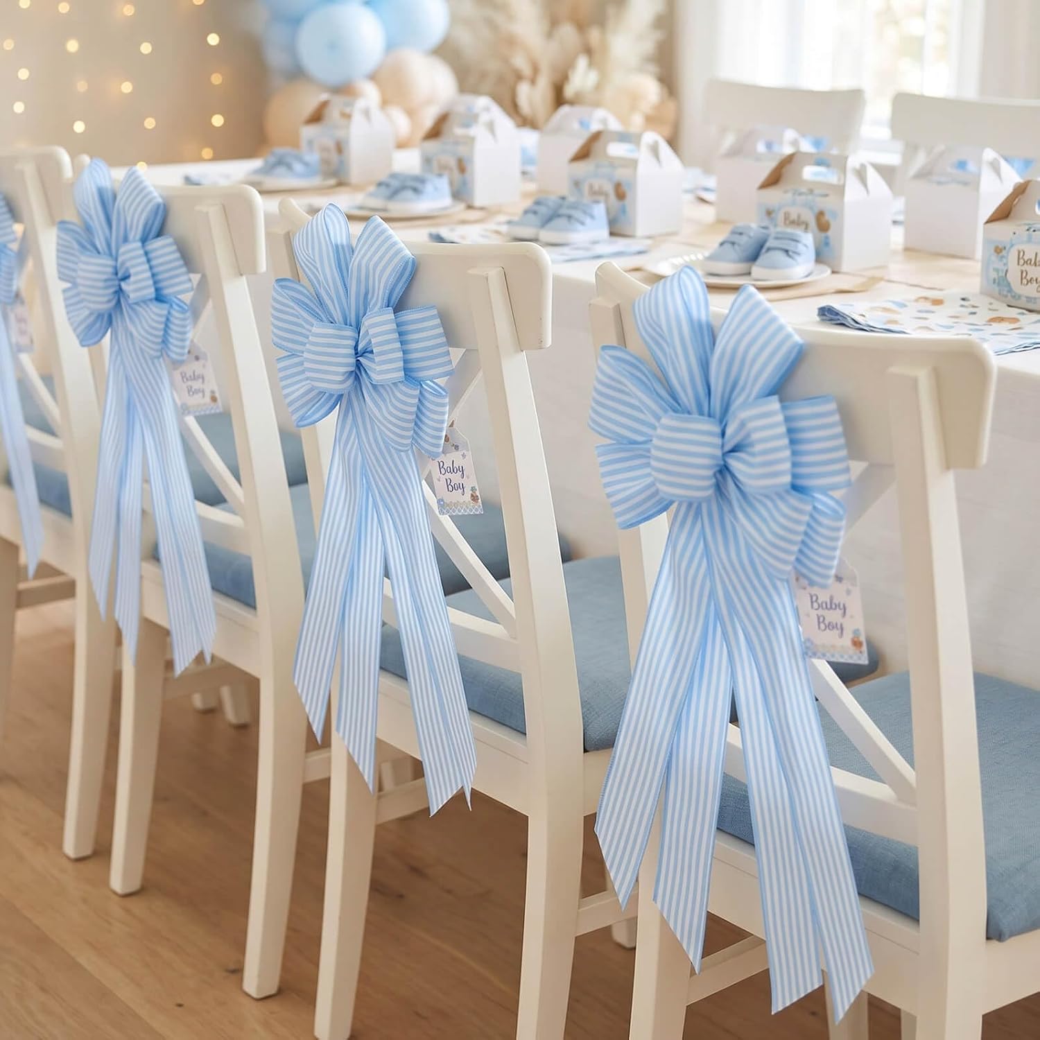 Blue and White Striped Wreath Bow, Large 20.87 x 11.42 Inch Handmade Bowknot with Wired Edges for Baby Boy Shower, Coastal Wreath, Spring and Easter Decor