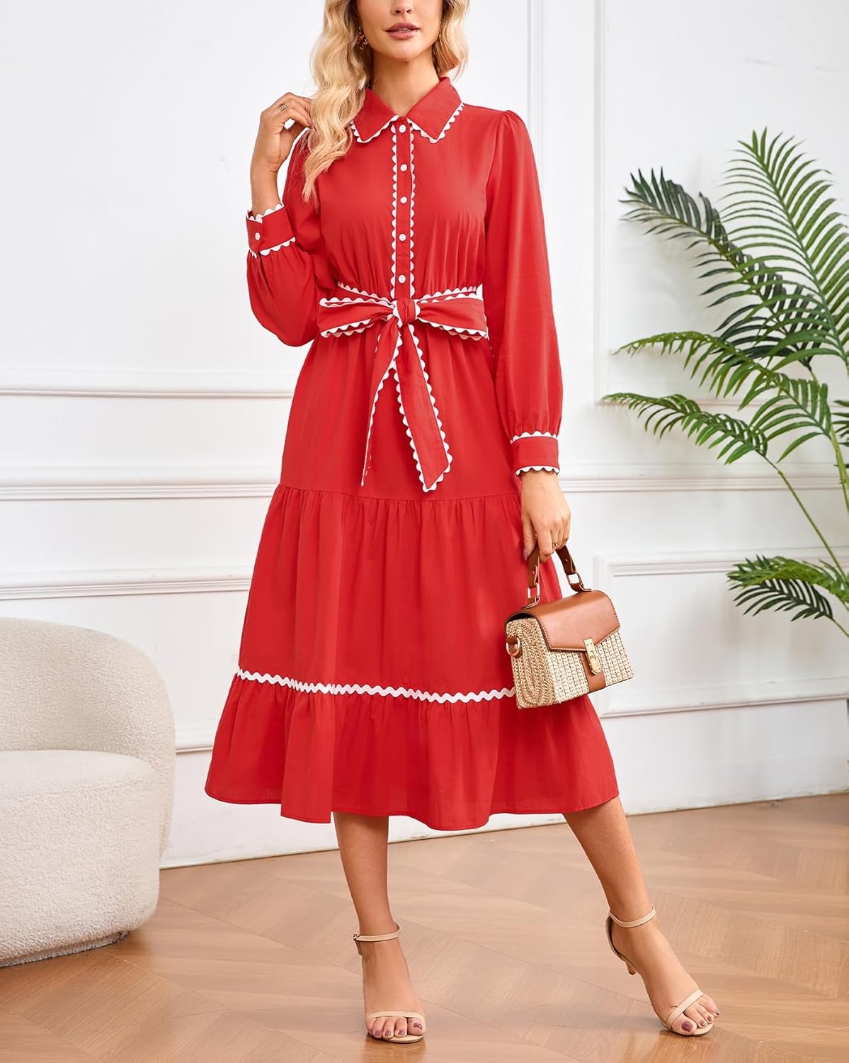Women's Long Sleeve Midi Dress Casual V Neck Button Down RIC Rac Tiered Flowy Tie Waist Shirt Dress - Image 3