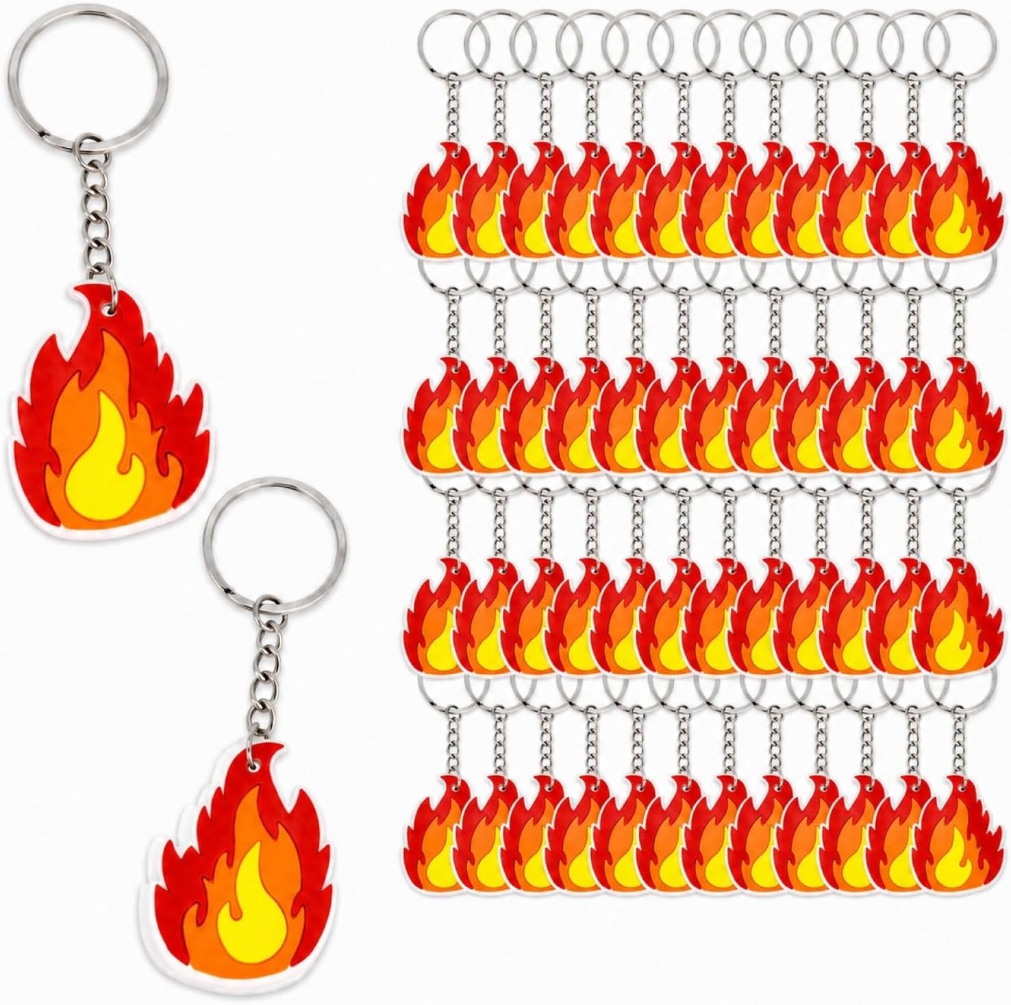 LOGOFUN 50pcs Flame Keychain Fire Keyring | Firefighter Pendant Charm; For Firefighting Theme Party, Bag, Purse Decorations