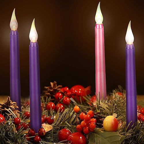 Honoson Juego de 4 velas LED de Adviento sin llama, funciona con pilas, color morado y rosa, sin llama, para corona de Adviento, vacaciones,