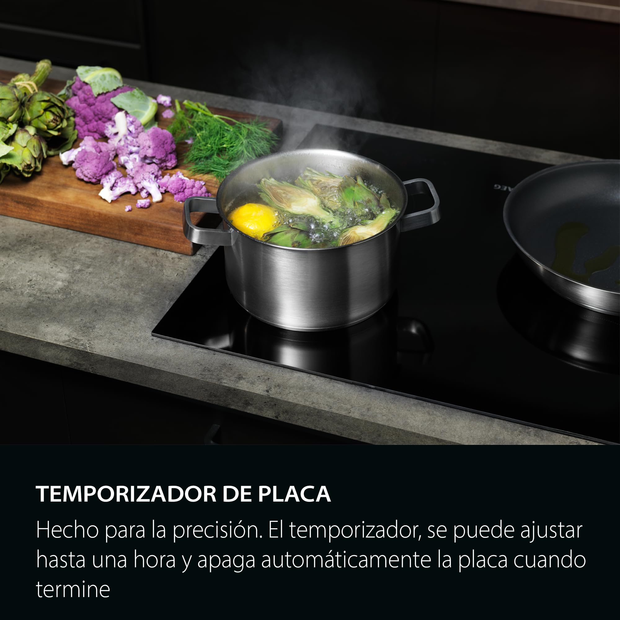 AEG TN63IP0BFB Placa de Inducción, 60 cm, 3 Zonas de Cocción, Sistema Hob2Hood, Función PowerBoost y Pausa, Controles Deslizantes Independientes, Temporizador Individual, Doble Biselado, Negro