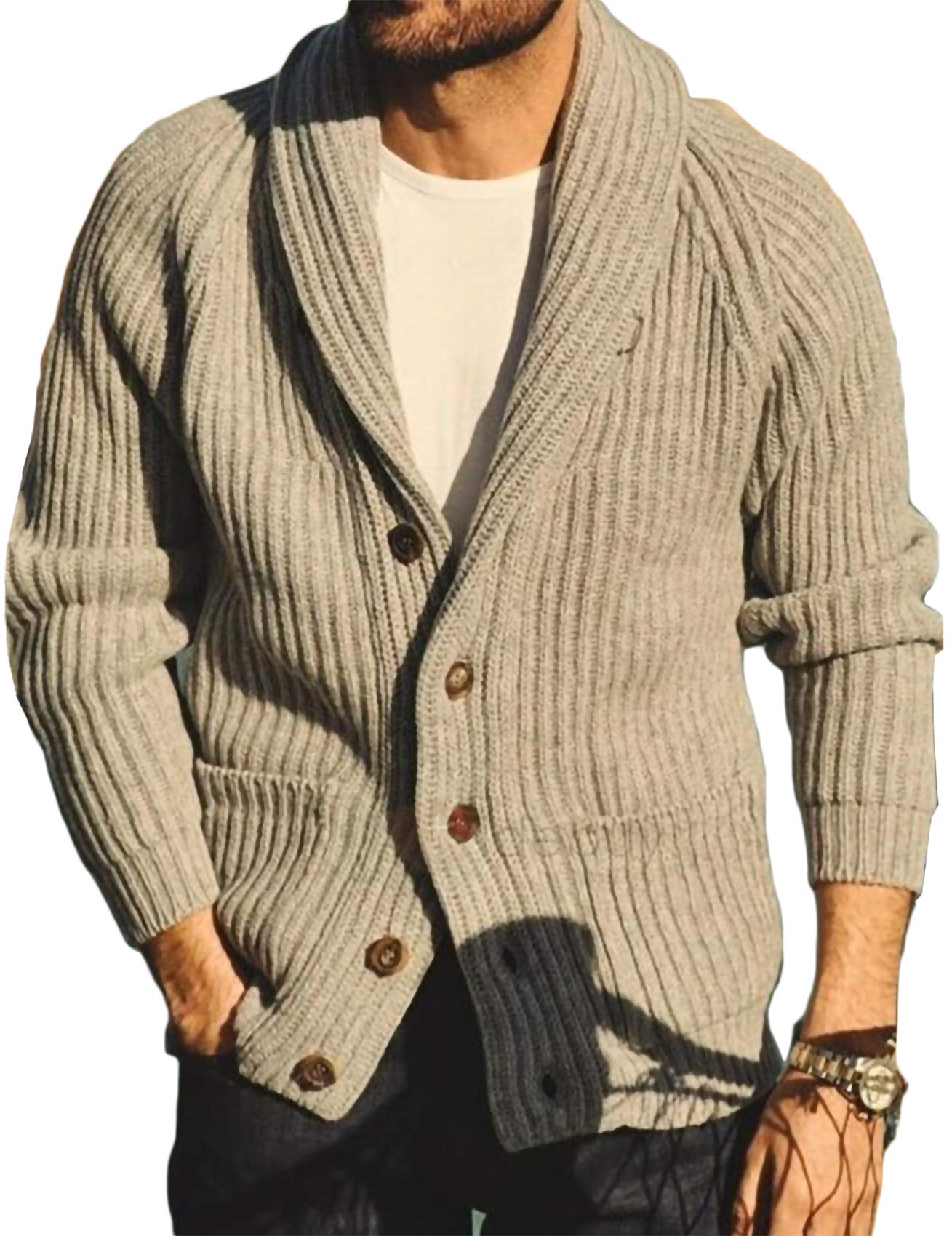 runcati Mens Shawl Collar Cardigan Sweaters Button Down Open Front Knitwear Cable Knitted Ribbed Jackets Outwear-picture-30