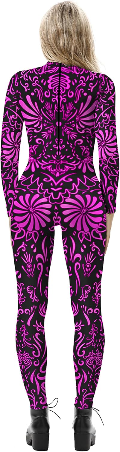 Women's Halloween Cosplay Jumpsuits Funny Skeleton Bodysuit 3D Stretch Skinny Jumpsuit Outfit Catsuit