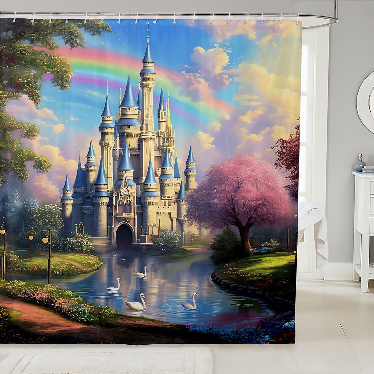 Princess Castle Shower Curtain with Hooks,Rainbow Dreamy Fairy Tale Themed Waterproof Bath Curtain,Pink Blossom Floral Lake Plant Bathroom Accessories Curtain Panel, 72Wx84L inch
