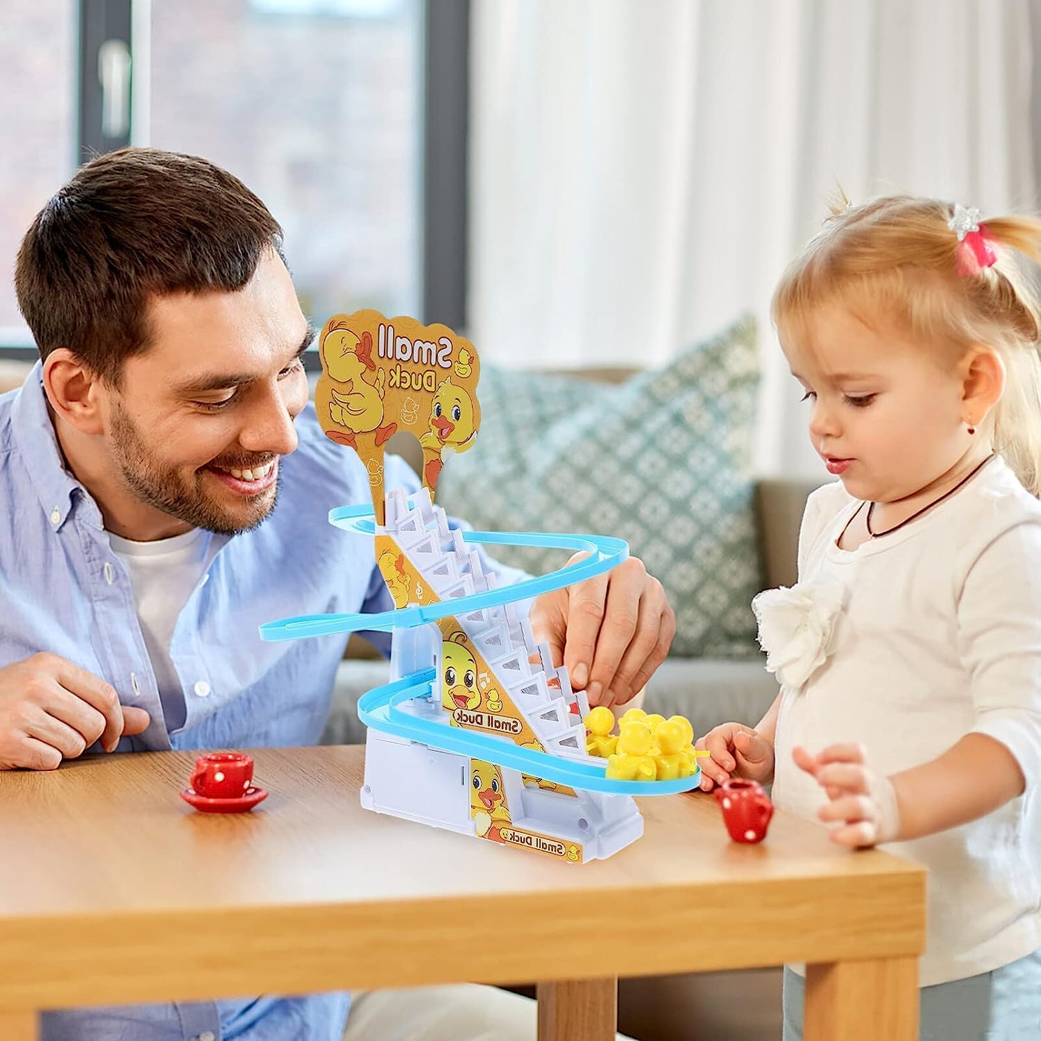 Small Duck Climbing Stairs Toy,Electric Duck Roller Coaster Toy Set,with LED Flashing Lights & Music,Duck Track Slide Toy Gift for Birthday Christmas,Kids Age 3（9Pcs Ducks）